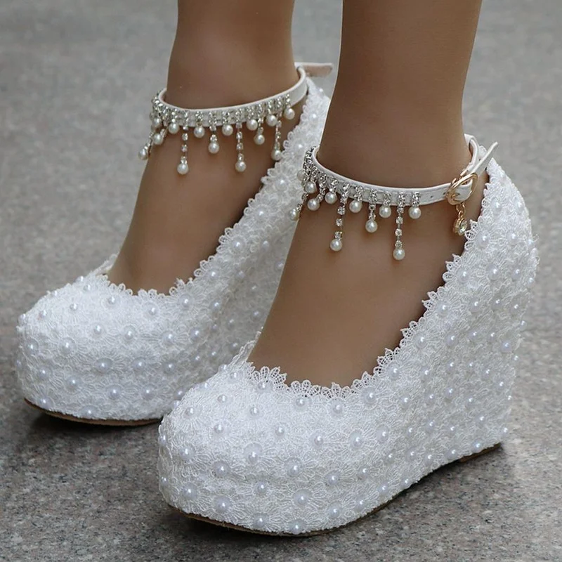 Top Trends: Crystal Queen White Wedges Wedding Pumps Sweet White Flower Lace Pearl Platform Pump Shoes Classic Bride Dress High Heeled Lady Shoppable Styles