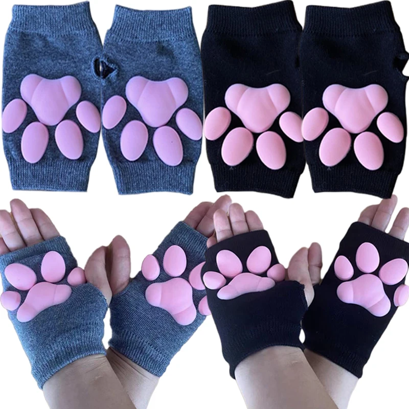 Top Trends: Popular 3D Silicone Cat Paw Claw Gloves Winter Faux Fur Knitted Kitten Fingerless Black Gloves Christmas Halloween Womens Girls Shoppable Styles