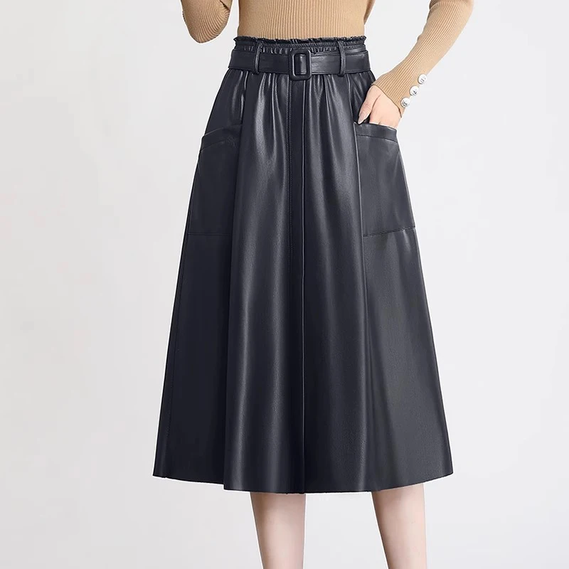 Top Trends: S-5XL New Women Plus Size Leather Skirt Spring Autumn Fashion Stretch Waist A-Line Loose Long Skirt Split Leather Sheepskin Shoppable Styles