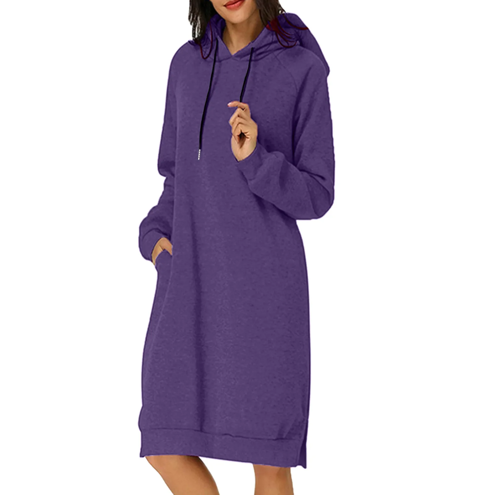 Top Trends: Women Autumn And Winter Loose Solid Color Long Hooded Dress With Pocket Evening Fall Sweatshirt Dresses Vestidos Mujer Robes Shoppable Styles