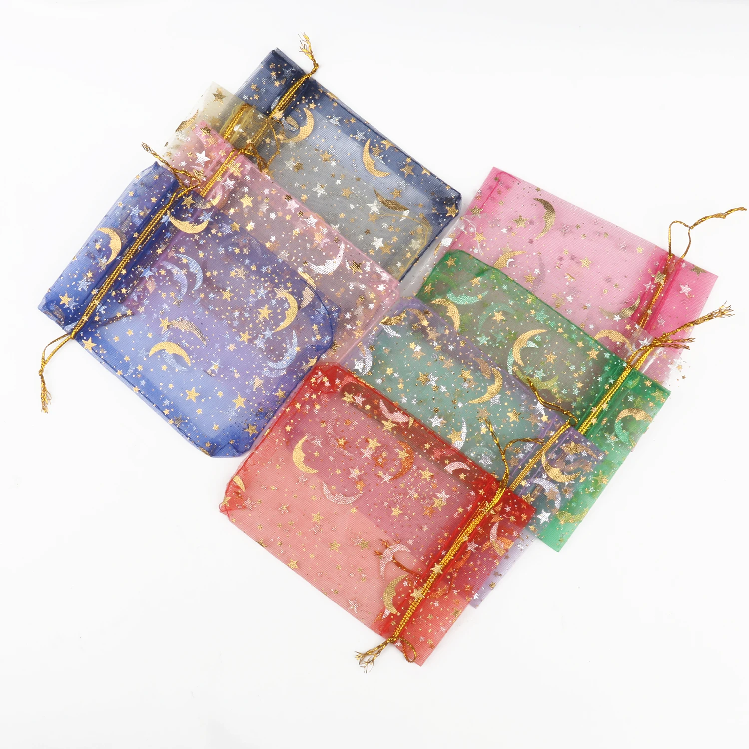 Top Trends: 50pcs 9x12cm 11x16cm 13x18cm 17x23cm Mixed Gold Moon Star Adjustable Drawstring Pouch Bags For Wedding Gifts Organza Jewelry Shoppable Styles - Image 4