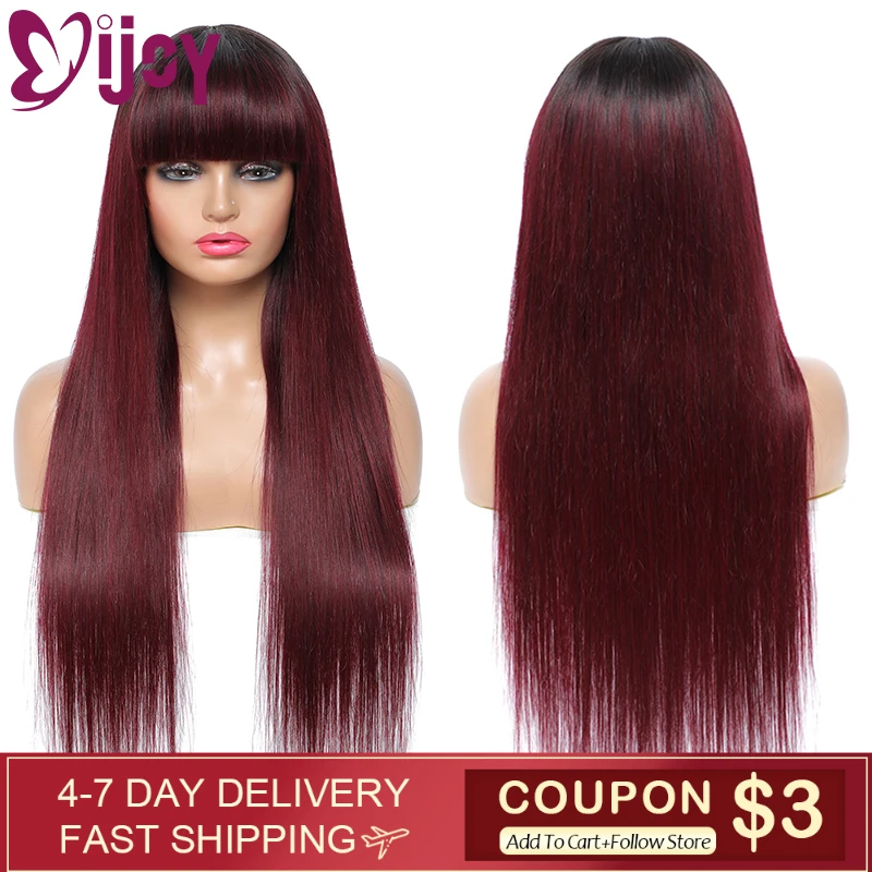 Top Trends: Straight Human Hair Wigs With Bangs For Black Women Ombre 99J / Burgundy Full Machine Made Wig Brazilian Remy Hair Wig IJOY Shoppable Styles