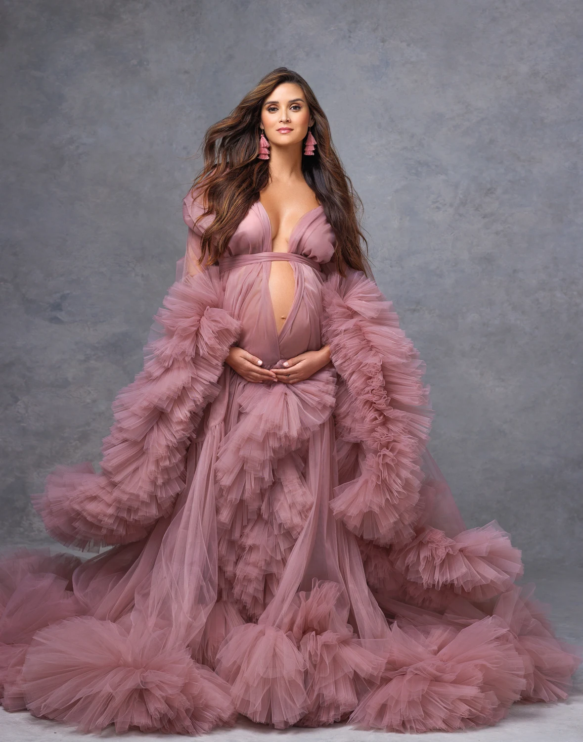 Top Trends: Ruffled Tulle Pink Maternity Gowns For Photo Shoot Long Tiered Skirts Women Prom Dress Bell Sleeves Outfit Maxi Gown Pregnancy Shoppable Styles