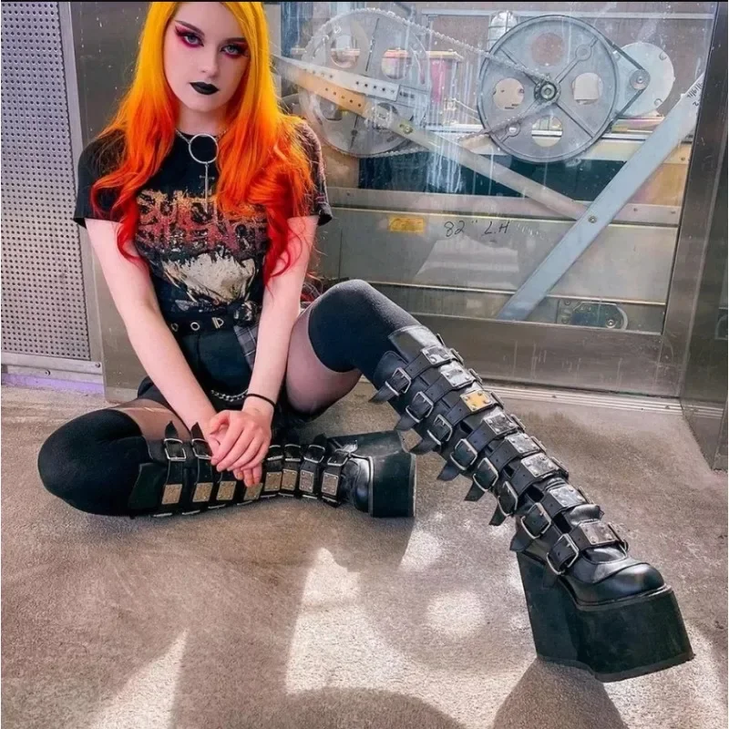 Top Trends: Punk Women Boots Cosplay Ladies High Heel Platform Wedges Women High Boots Gothic Buckle Strap Long Tube Leather Female Boots Shoppable Styles - Image 2