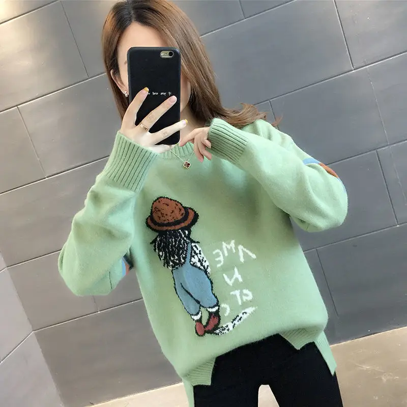 Top Trends: Sweet O-Neck Spliced Cartoon Embroidery Sweaters Female Clothing 2023 Autumn Winter Loose Korean Pullovers Asymmetrical Tops Shoppable Styles