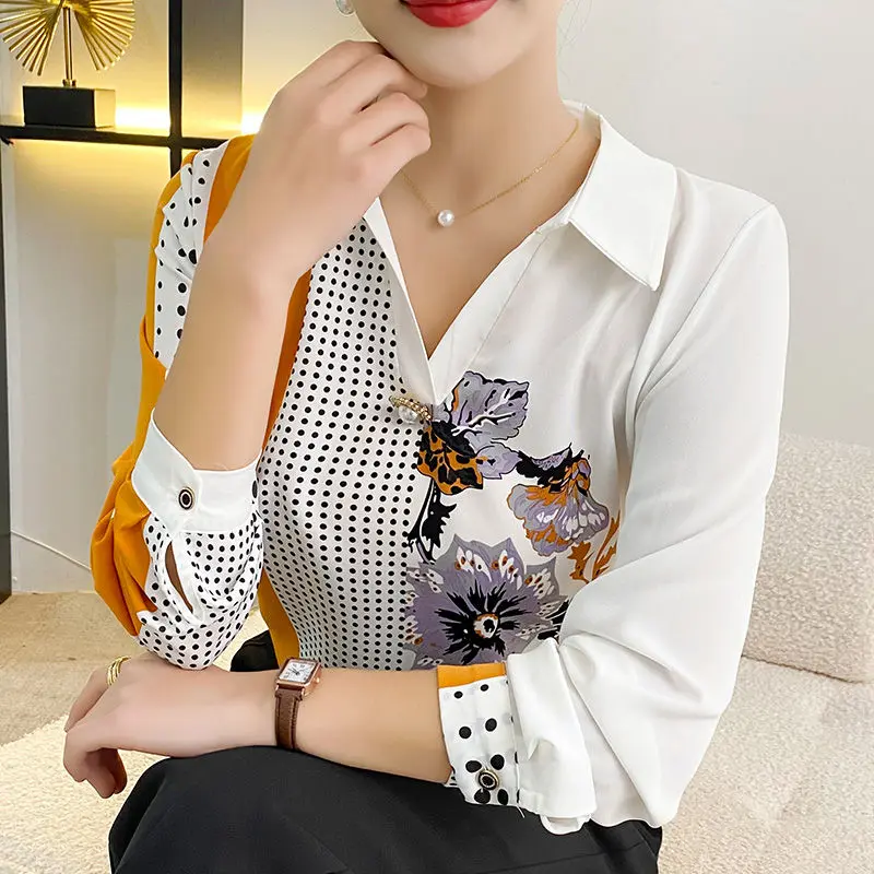 Top Trends: Women's Clothing Fashion Vintage Printed Spliced Long Sleeve Shirt Autumn Korean Casual Polo-Neck Beading Blouse For Female Shoppable Styles - Image 6