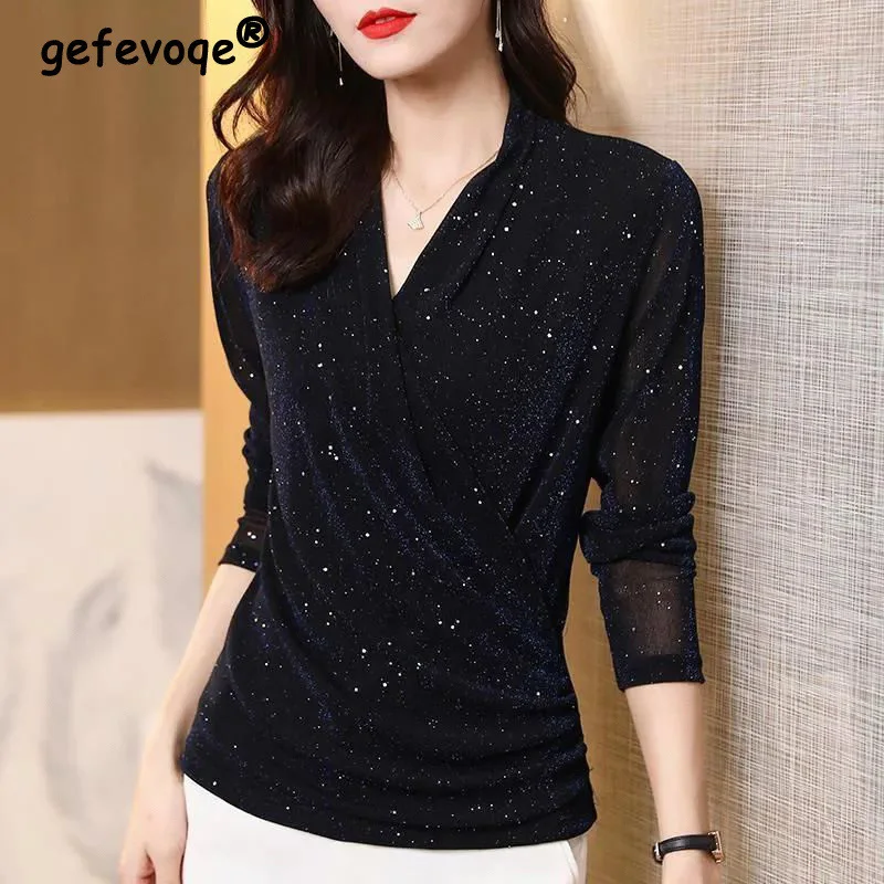 Top Trends: Autumn Fashion Elegant Chic Bright Silk Black Sexy V-neck Mesh Basic Tees T-shirt Women Simple Long Sleeve Pullover Ladies Tops Shoppable Styles