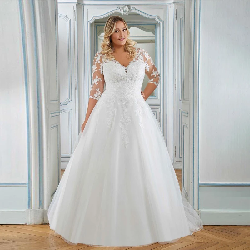 Top Trends: Elegant Wedding Dress Plus Size 3 / 4 Sleeves V Neck Tulle Lace Applique Vestido De Noiva Bride Dresses Big Size Women Modest 2022 Shoppable Styles