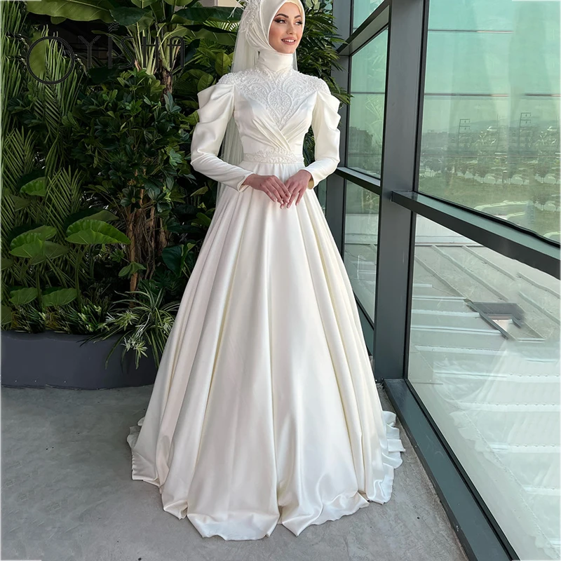 Top Trends: OYISHA Elegant Satin Muslim Wedding Dress Delicate Appliques Lace Pearl Bridal Gown Classic High Neck Long Sleeve Robe De Mariée Shoppable Styles