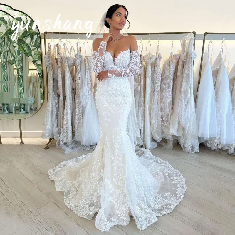 Top Trends: Yunshang Luxury Mermaid Wedding Dress 2024 White Lace Open Back Long Sleeve Sweetheart Bridal Gowns Sweep Train Vestido De Novia Shoppable Styles