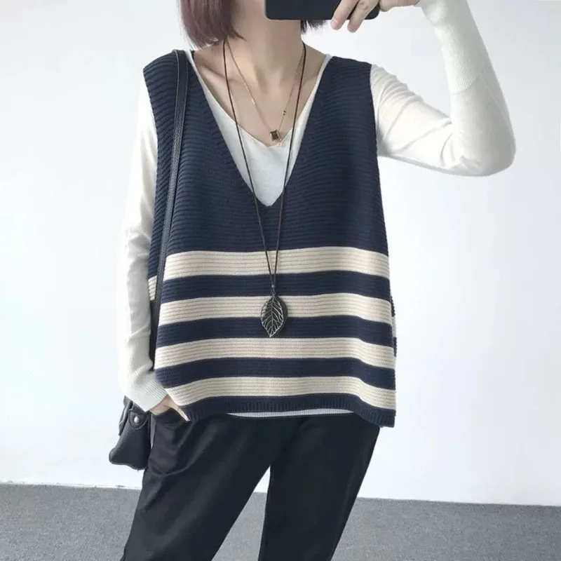 Top Trends: Autumn And Winter Women's Pullover V-neck Patchwork Striped Loose Sweater Fashion Casual Elegant Commuter Sleeveless Vest Tops Shoppable Styles