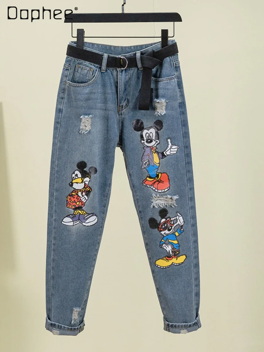 Top Trends: Cartoon Printed Jeans For Female 2022 Spring And Autumn New Ripped High Waist Loose Cropped Harem Pants Blue Jeans For Women Shoppable Styles