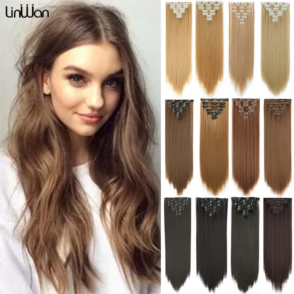 Top Trends: Synthetic Hair 22 Inch Long Straight Hair Extension 7pcs / Set 16 Clips Blonde Brown Synthetic Hairpiece Clip In Hair Extensions Shoppable Styles