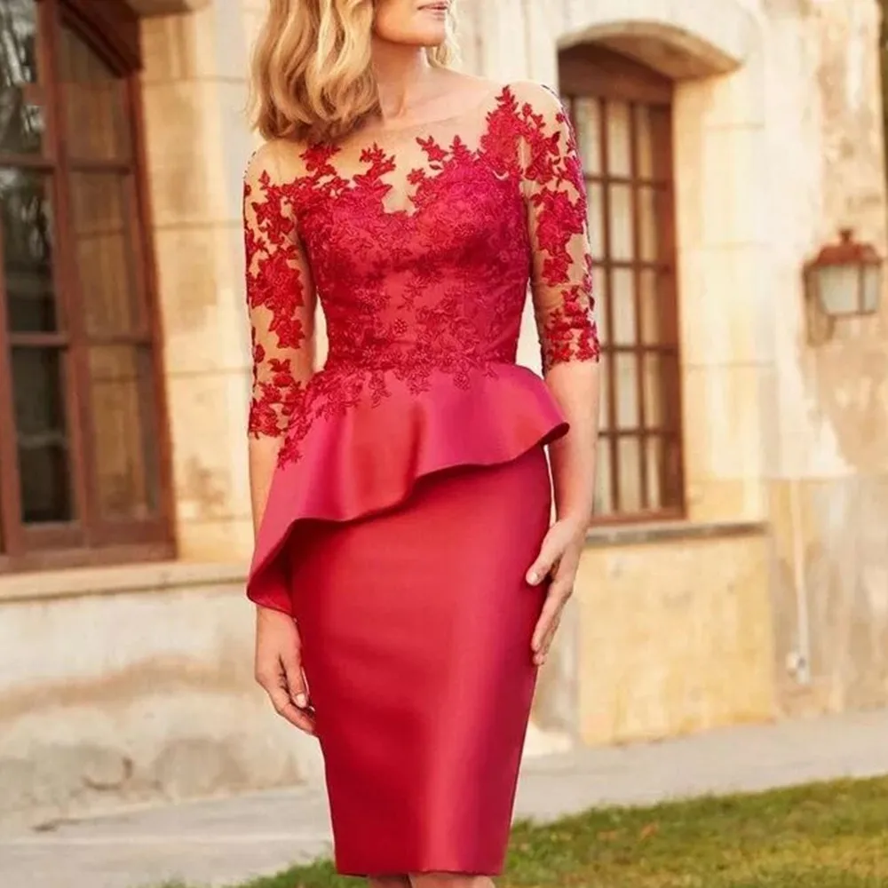 Top Trends: New Gorgeous Red Short Lace Mother Of The Bride Dresses With 3 / 4 Sleeves Illusion Neck Wedding Party Dresses Knee Length Shoppable Styles