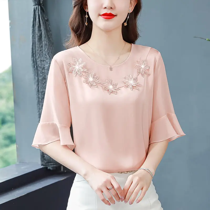 Top Trends: Summer New Chiffon Loose All-match Shirt Tops Round Neck Flare Sleeve Solid Color Blouse Elegant Fashion Women Clothing Shoppable Styles