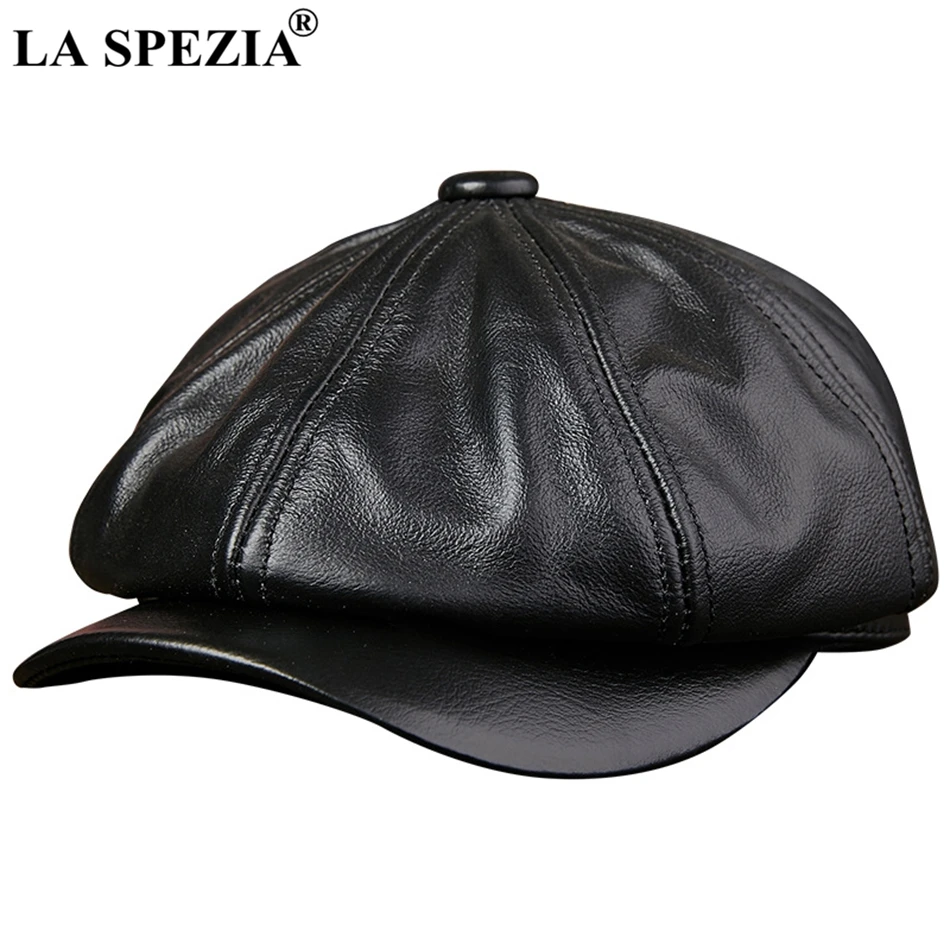 Top Trends: LA SPEZIA Black Newsboy Hats For Men Genuine Cowskin Leather Octagonal Cap Male Autumn Winter Fitted Vintage Duckbill Hats Beret Shoppable Styles