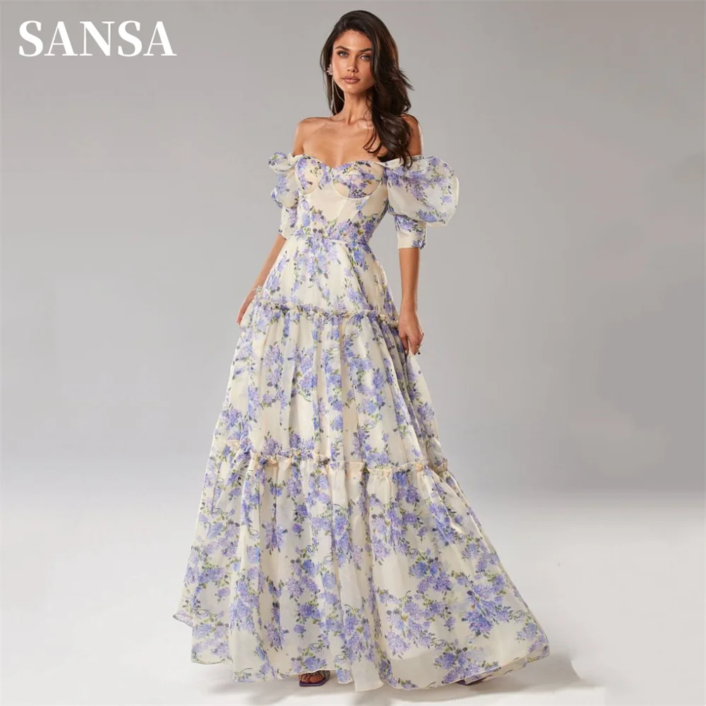 Top Trends: Sansa Sweet فساتين السهرة Blue And White Porcelain Vestidos De Noche Sexy Puffy Sleeve A-line Prom Dress فساتين سهره فاخره Shoppable Styles