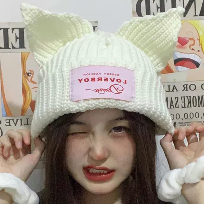 Top Trends: Popular Knitted Cat Ear Hat Double-layer Warm Lover Boy Pig Ear Woolen Hat Cute Hooded Cap Niche Hip-hop Winter Pullover Hat Shoppable Styles - Image 3