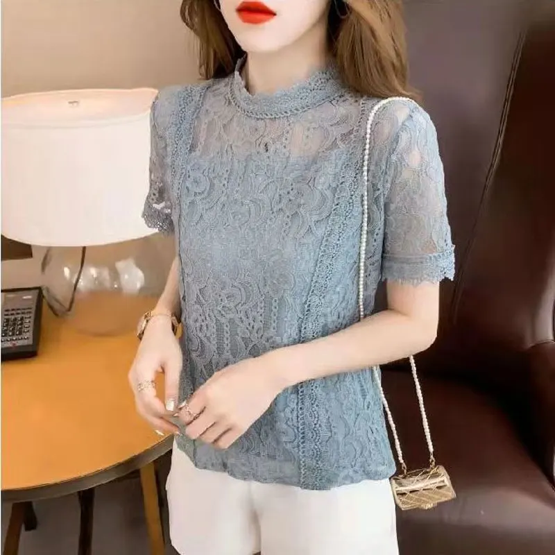 Top Trends: Elegant Lace Hollow Out Shirt Office Lady Summer Solid Color All-match Short Sleeve Fashion Stand Collar Straight Blouse 2023 Shoppable Styles - Image 3