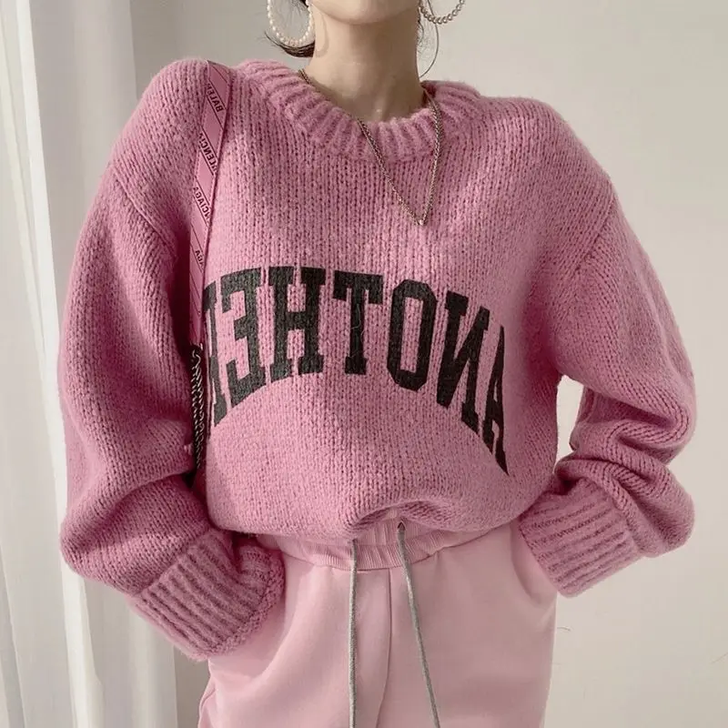 Top Trends: Fashion O-Neck Loose Korean Printed Letter Knitted Sweater Female Clothing 2023 Winter New Casual Pullovers All-match Tops Shoppable Styles