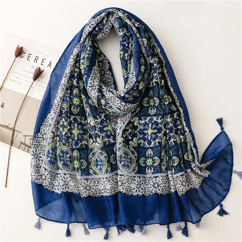 Top Trends: Women Lovely Aztec Floral Soft Thin 100% Viscose Tassel Scarf Lady Print Beach Shawls And Wraps Bufandas Muslim Hijab 180*90Cm Shoppable Styles