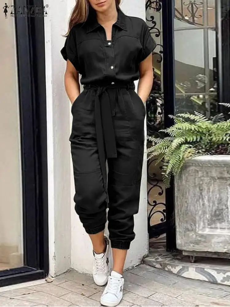 Top Trends: ZANZEA Fashion Short Sleeve Playsuits Woman Vintage Cargo Jumpsuit Summer Lapel Neck OL Work Rompers Casual Solid Overall 2023 Shoppable Styles