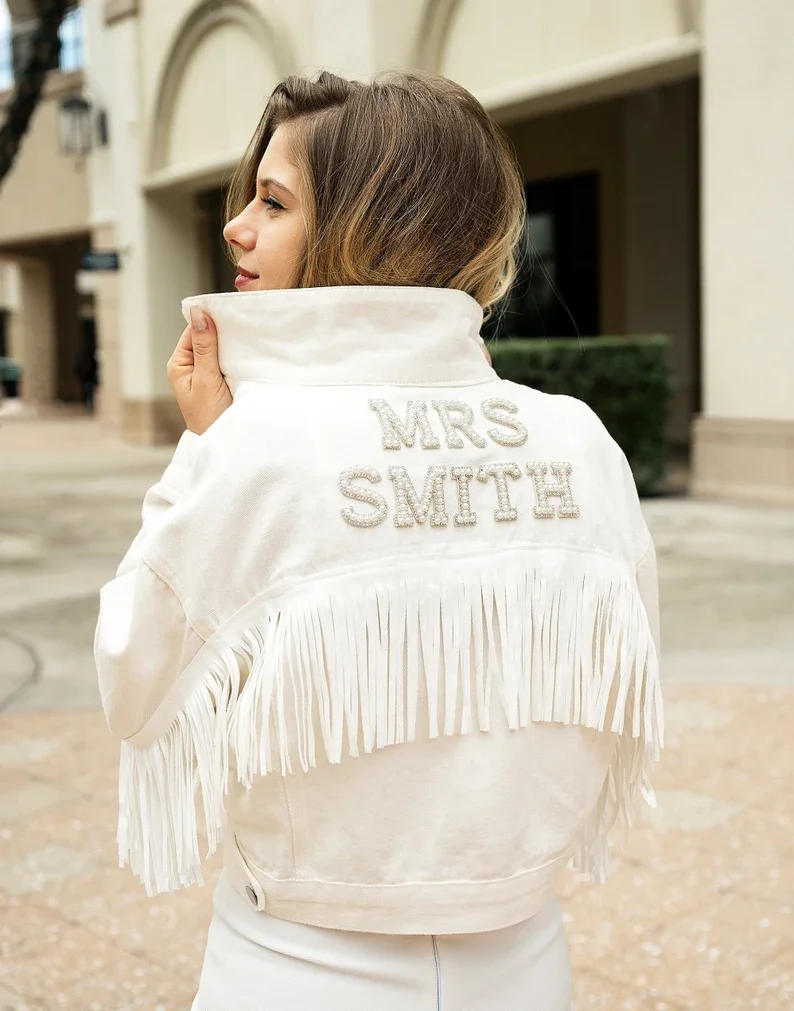 Top Trends: Wedding Customized Denim Jacket With Fringes Wedding Personalized Denim Pearls Mrs. Jackets Bridal Party Bride To Be Coats Shoppable Styles