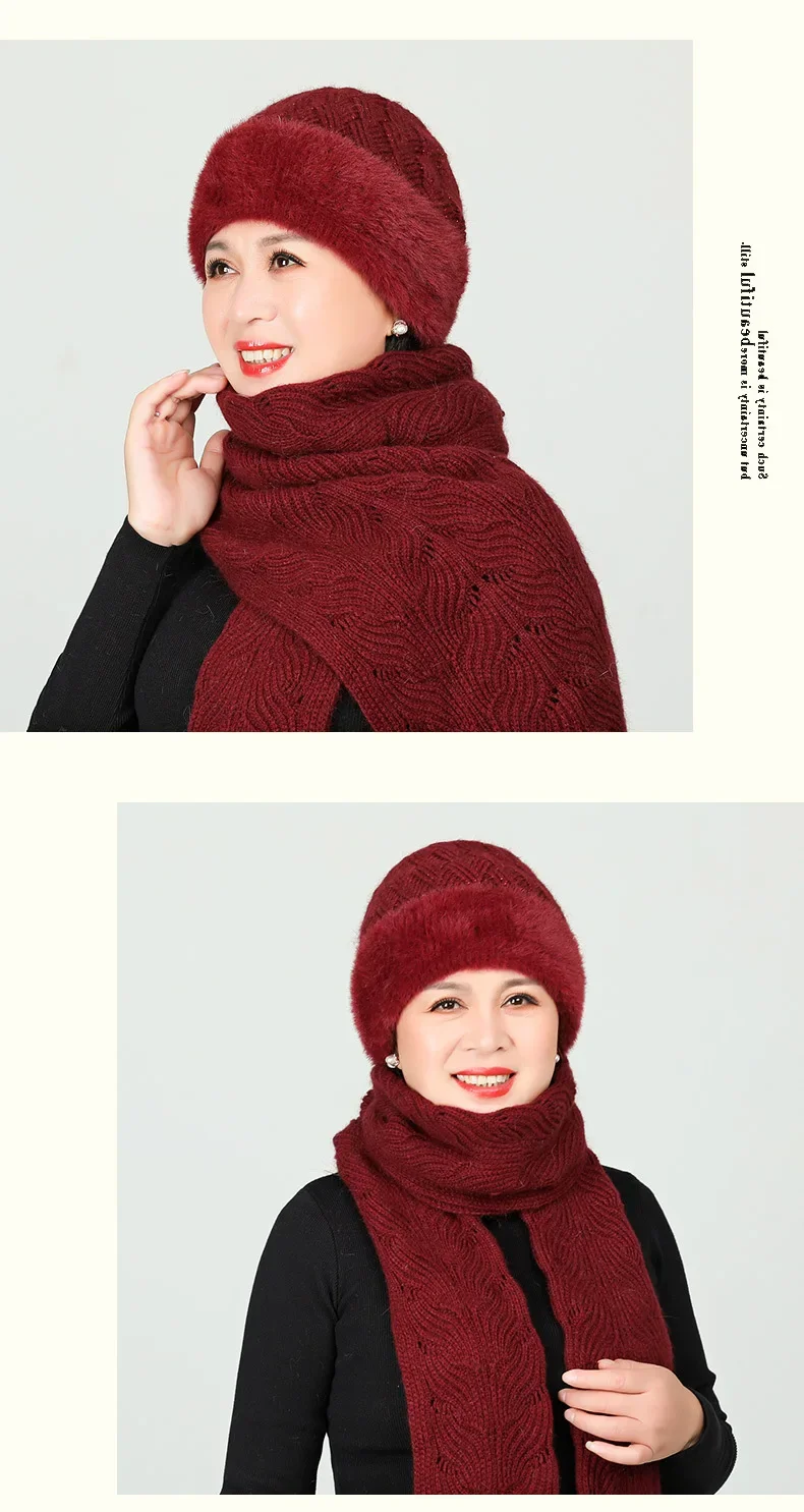 Top Trends: Winter Women Hat Scarf Set Elderly Mother Warm Rabbit Fur Knitted Hats Cashmere Mom Gift Grandma Cap Shoppable Styles - Image 4