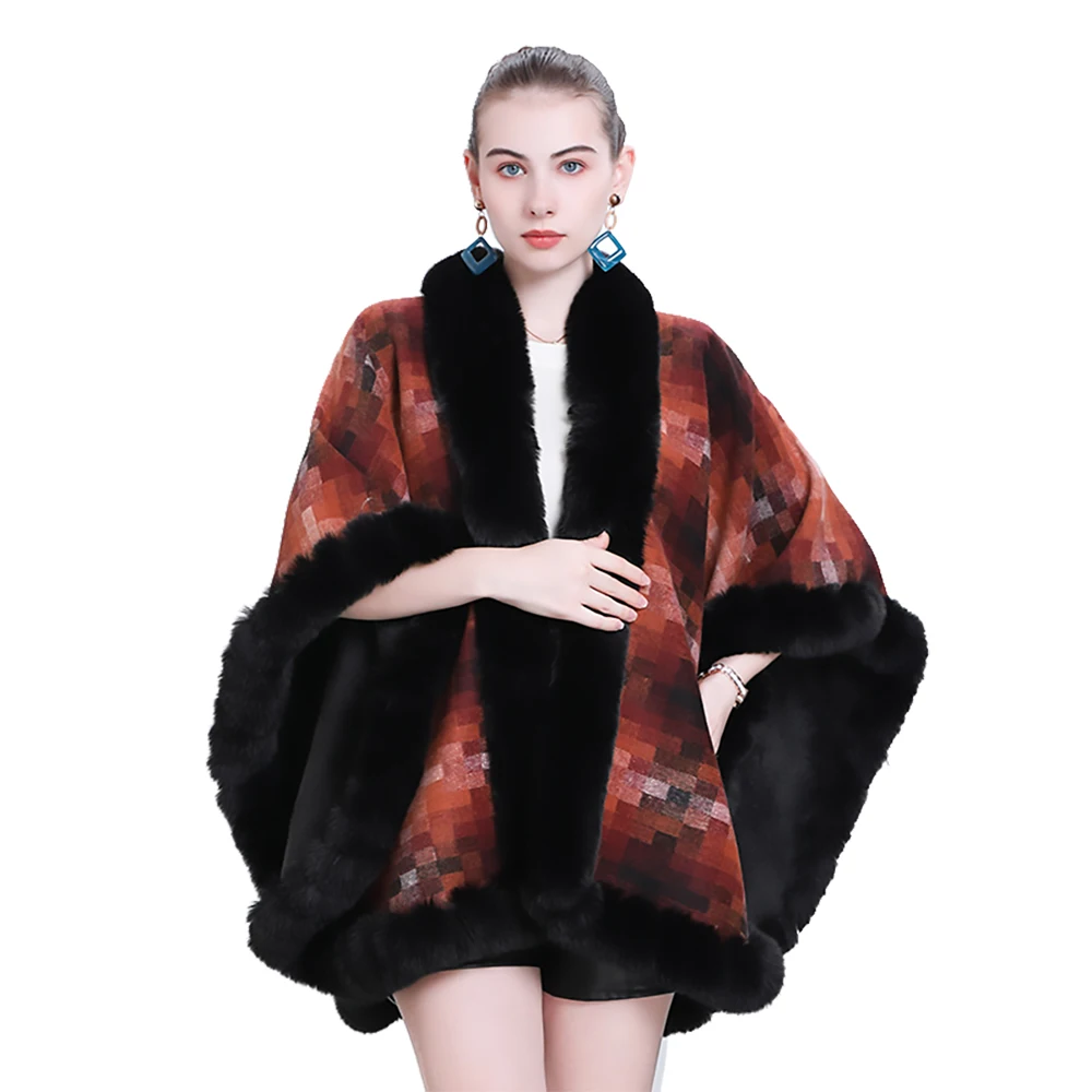 Top Trends: Lady Elegant Fleece Lining Woolen Coat Women Rex Rabbit Faux Fur Collar Shawl Luxury Warm Overcoat Fall Winter Plaid Cloak Wrap Shoppable Styles