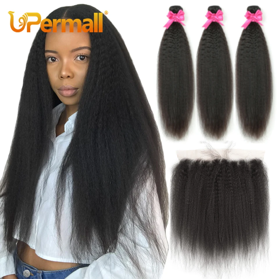 Top Trends: Upermall 2 / 3 / 4 Kinky Straight Human Hair Bundles With Frontal Transparent 30Inch Brazilian Yaki Weave And 13x4 Lace Closure Soft Shoppable Styles