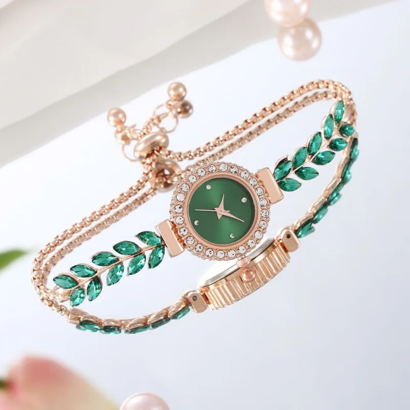 Top Trends: Fashionable Round Women Watch Green Leaf Fine Band Luxury Diamond Inlaid Watches Adjustable Bracelet Female Quartz Watch Mujer Shoppable Styles