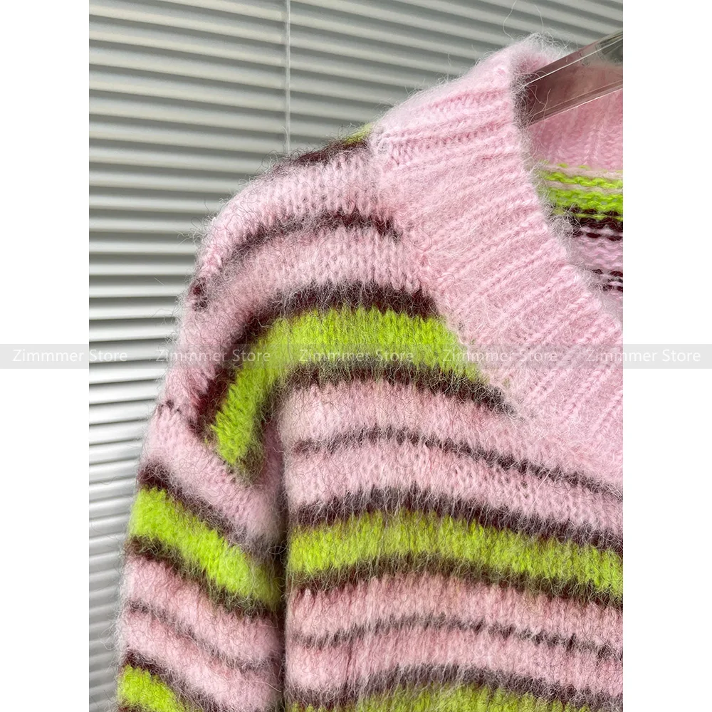 Top Trends: 23 Autumn And Winter New Sweet Pink Clashing Stripe Mohair Long Sleeve Round Collar Knitted Sweater Women Shoppable Styles