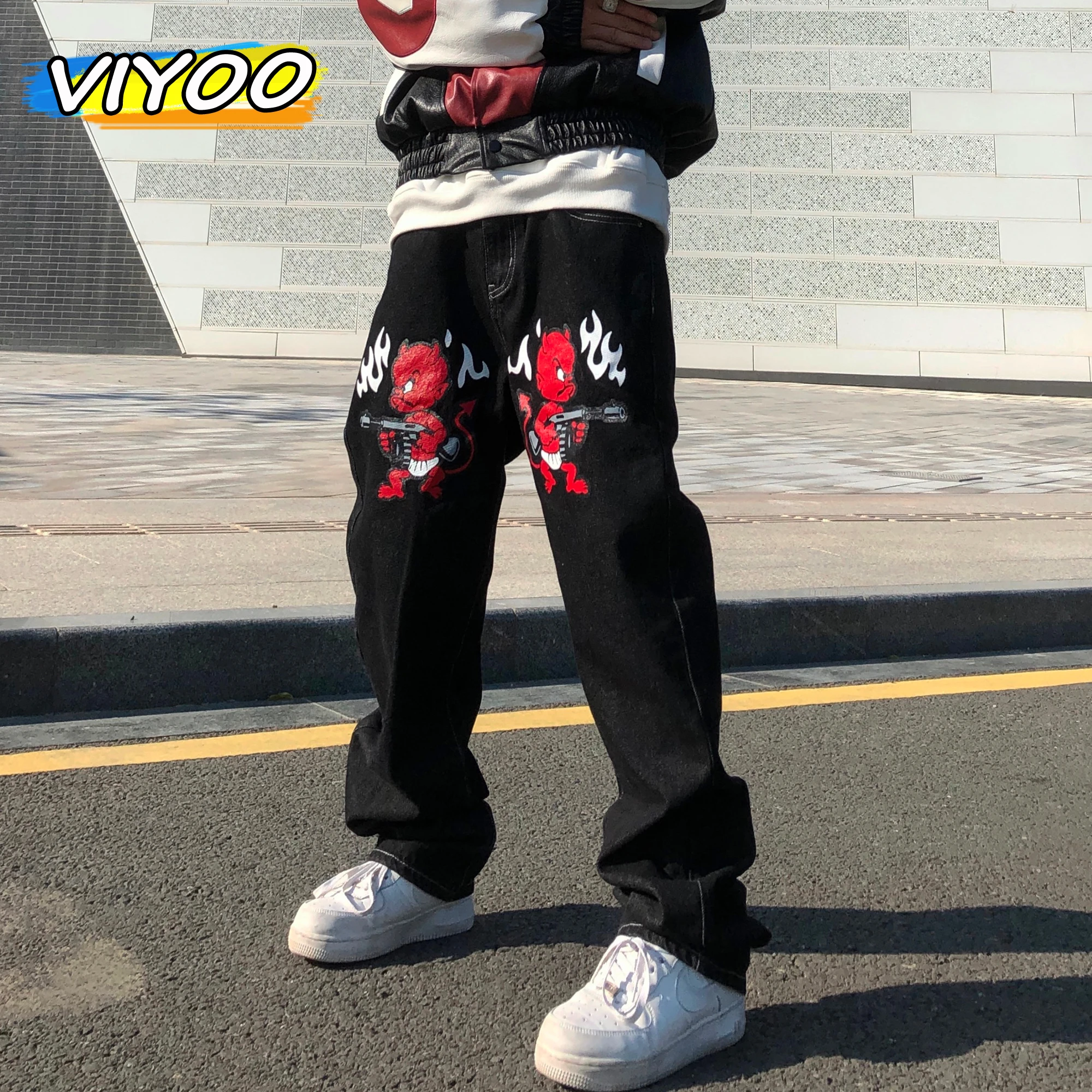 Top Trends: Men&#039;s Jeans Devil Printed High Street Vintage Y2K Clothes Black Baggy Jeans Straight Trousers Streetwear Wide Leg Pants Men Shoppable Styles