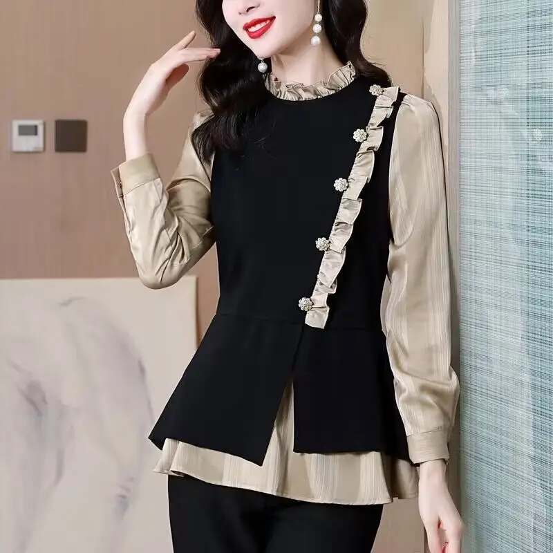 Top Trends: Fashion Spliced Button Ruffles Fake Two Pieces Blouses Women&#039;s Clothing 2023 Autumn Winter New Elegant Tops Asymmetrical Shirts Shoppable Styles