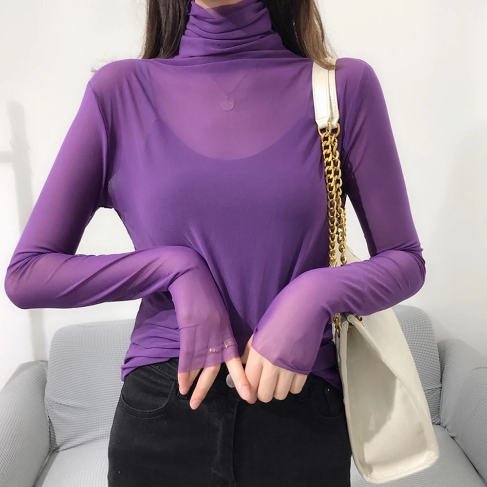 Top Trends: Women Transparent Elastic Shirt Lace Blouse Black White Purple Orange Green Female Bottoming Blouses S-2XL Size Kawaii T Shirt Shoppable Styles