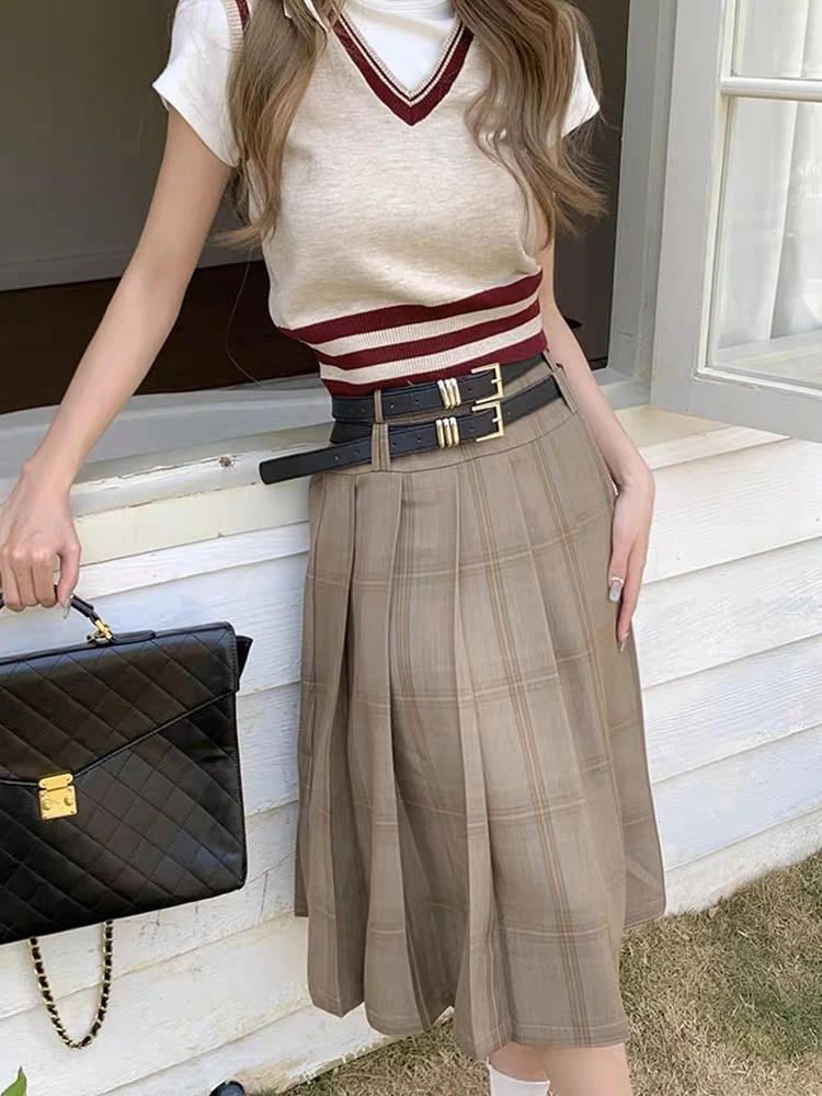 Top Trends: DEEPTOWN Vintage Long Plaid Skirt Women High Waist A-line Korean Fashion Preppy Midi Pleated Skirt Autumn Winter School Uniform Shoppable Styles