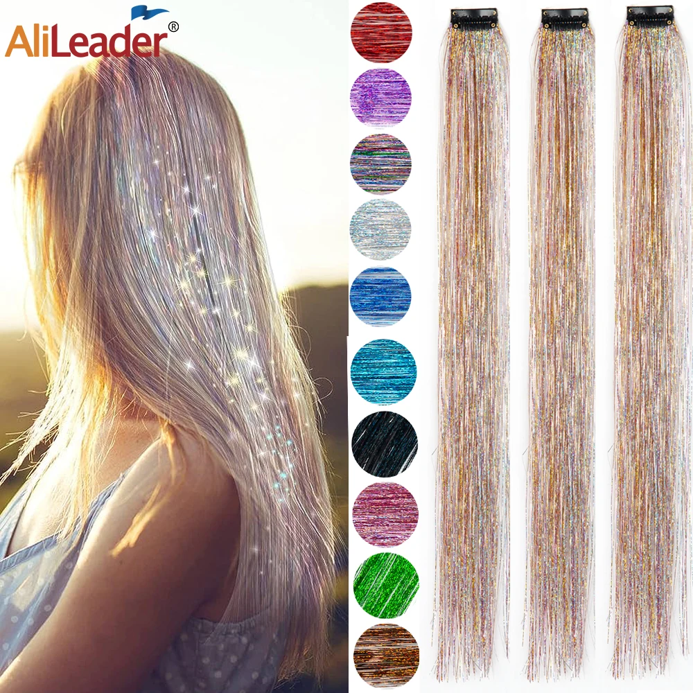 Top Trends: Straight Rainbow Colored Party Highlights Clip On In Hair Extensions Bling Hair Piece Synthetic Hairpieces Sparkling Tinsel Red Shoppable Styles