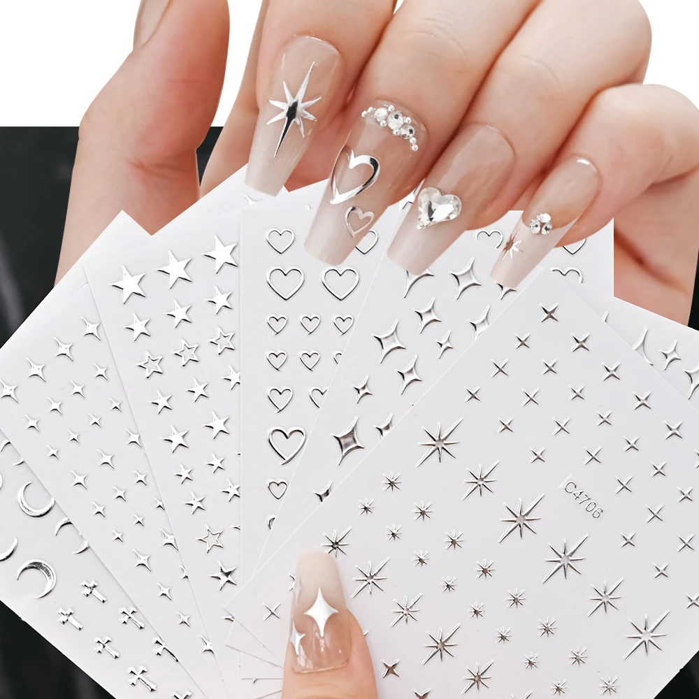 Top Trends: 6Pcs / set Metal Mirror Silver Star Nail Art Sticker Bronzing Sun / Moon / Star Nail Decal Self-Adhesive Laser Star Manicure Slider Shoppable Styles