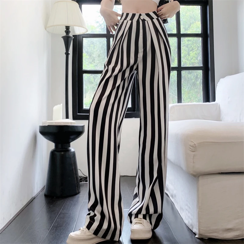 Top Trends: Women's High Waisted Black And White Striped Wide Leg Pants Summer High Street Versatile Casual Wide Leg Mop Trousers Female Shoppable Styles