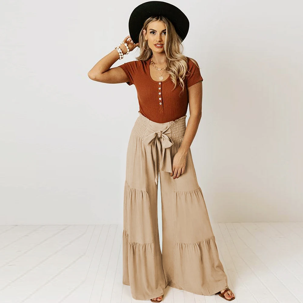 Top Trends: Casual Flared Wide Leg Pants Fashion Solid Pants Women Trousers Boho Elastic High Waist Lace Up Holiday Pants Shoppable Styles - Image 3