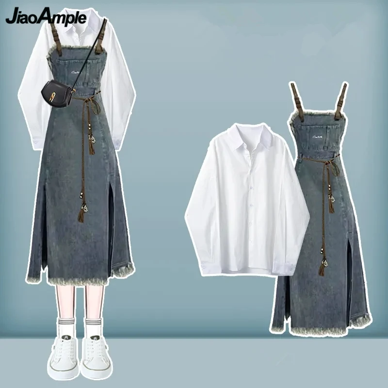 Top Trends: Women Spring Autumn Denim Overalls 2023 New Korean Lady Long Sleeve White Shirts Sleeveless Dresses 1 Or 2 Piece Set Streetwear Shoppable Styles