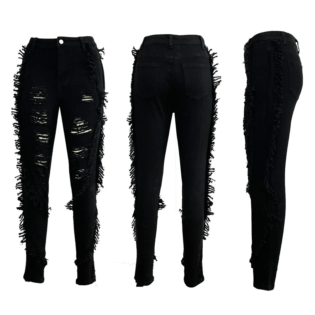 Top Trends: Blue Jeans Sexy Women's Tassel Ripped Denim Trousers Black Stretch Pocket Zipper Slim Pants Spring 2022 Elegant Ladies Clothes Shoppable Styles - Image 5