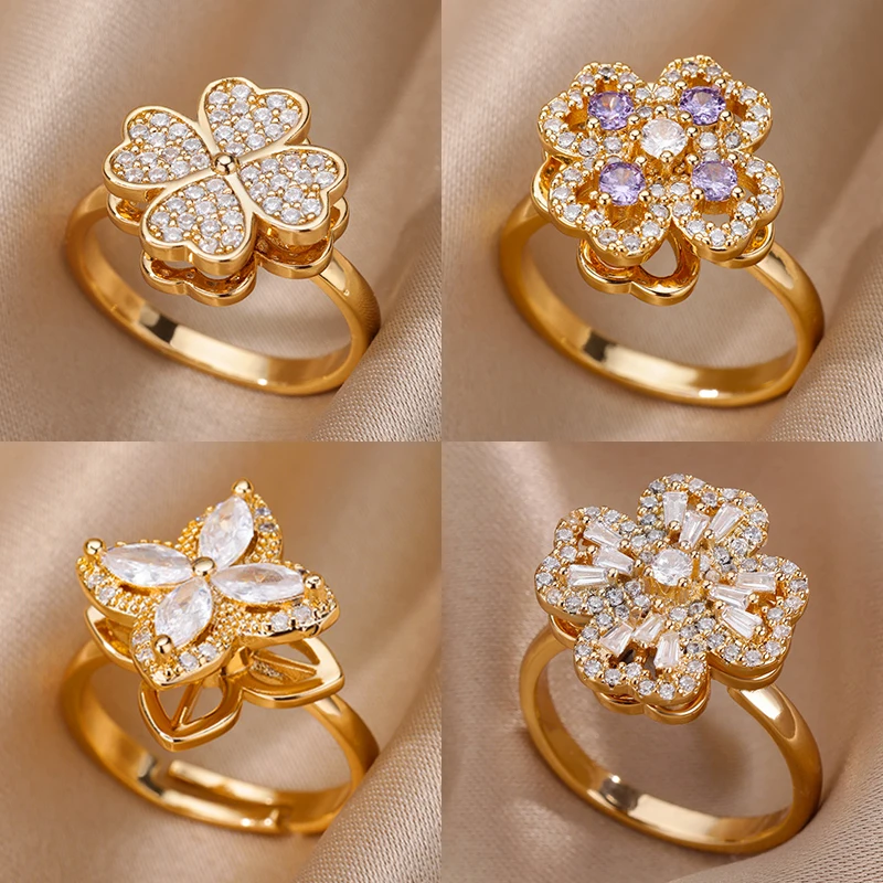 Top Trends: Four Clover Rotating Anxiety Rings For Women Gold Color Adjustable Stainless Steel Wedding Ring Aesthetic Jewelry Gift Anillos Shoppable Styles