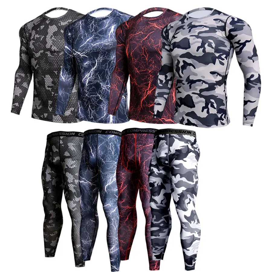 Top Trends: 2 Piece Tracksuit Men Compression MMA Long Sleeve T Shirt Rashgard Kit Camouflage Sweatshirt+ leggings Fitness Thermal Underwear Shoppable Styles