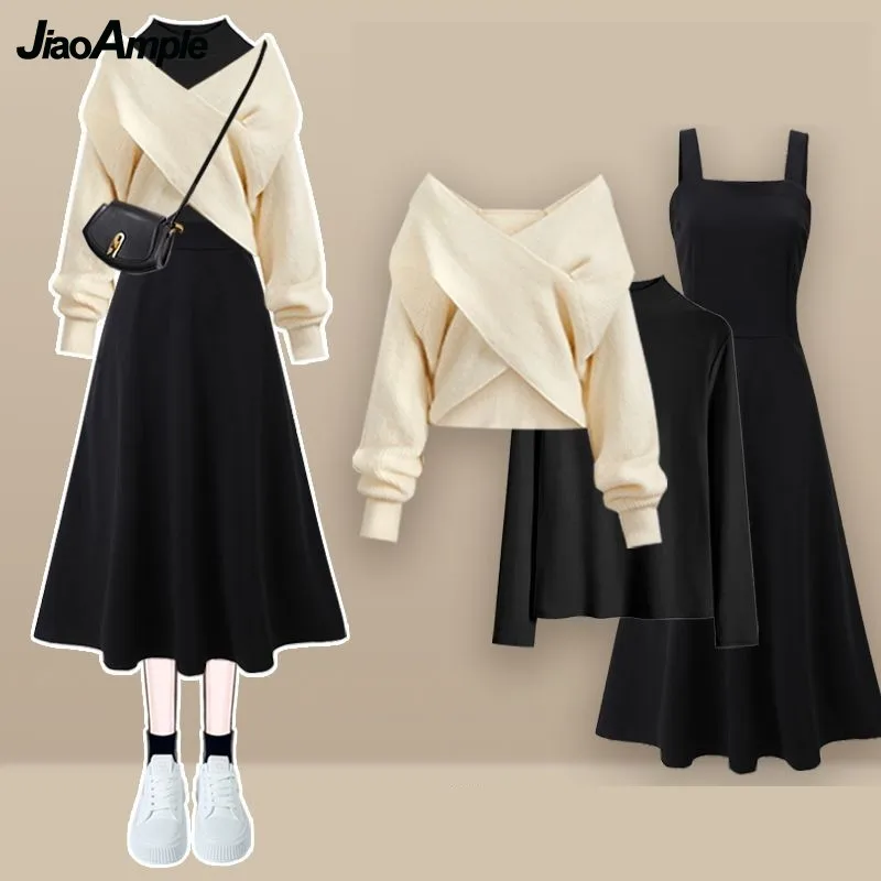 Top Trends: 2023 Autumn / Winter New Korean Elegant Matching Set Women's Fashion Cross Knit Sweater+ Bottom Shirt+ Strap Dress Three Piece Suit Shoppable Styles