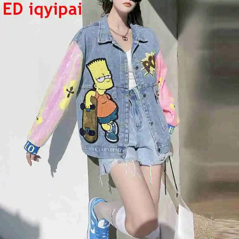 Top Trends: ED Iqyipai Denim Jackets Women Cartoon Sequin Stitching Embroidery Streetwear Hip Hop Vintage Outerwear Джинсовая куртка Shoppable Styles