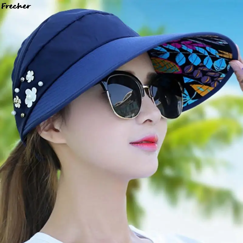 Top Trends: Summer Hats For Women Foldable Sun Hat Pearl Flower Visor Suncreen Floppy Cap Female Outdoor Casual Baseball Cap For Women Shoppable Styles