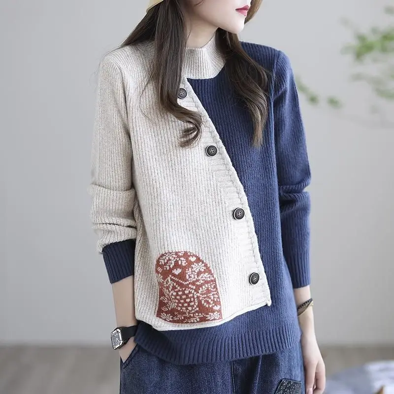 Top Trends: 2023 New Autumn And Winter Fashion Retro Half High Neck Thread Knitted Long Sleeve Temperament Commuter Splice Women's Sweater Shoppable Styles