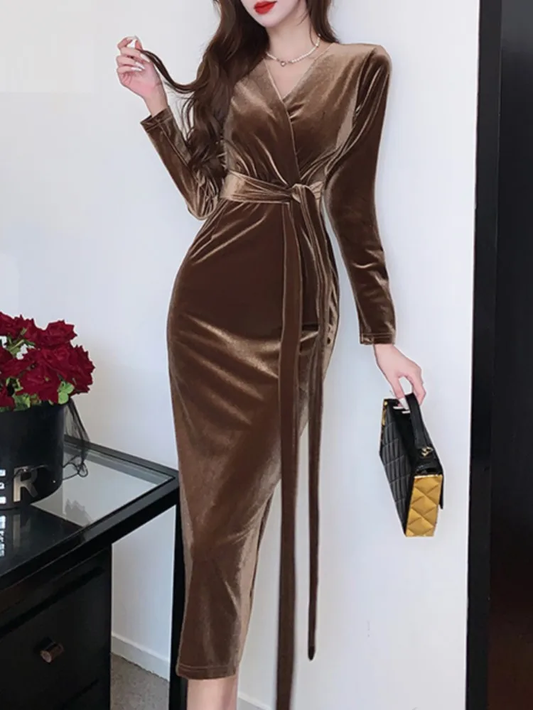 Top Trends: Sexy Women Fashion Bodycon Elegant Velvet Dress Long Sleeve Casual Vintage Lace-up Party Dresses Female Autumn Clothes Robe Shoppable Styles