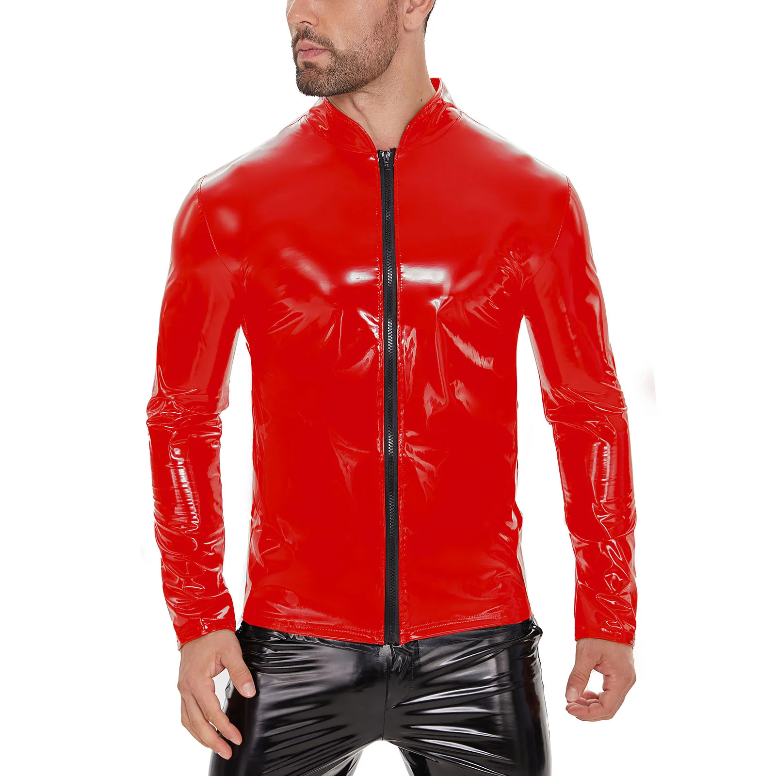 Top Trends: Plus Size Mens Shiny Leather Shirt Long Sleeve Full Zippper Glossy PVC Leather Tops Latex Stand Collar Shaping Casual Coat Sexi Shoppable Styles